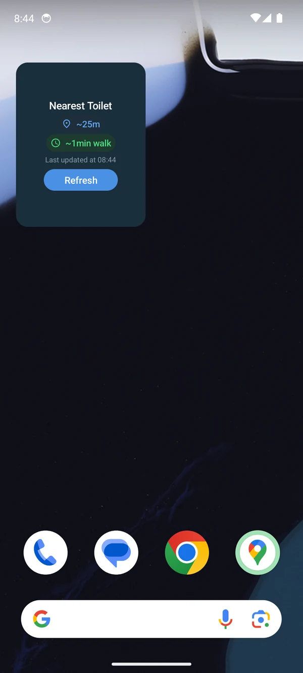 Android home screen with the Sugu Toire widget: nearest toilet about 25 m, about a 1-minute walk