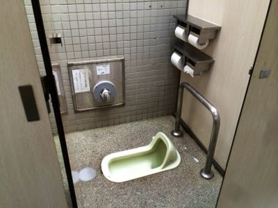 Japanese squat toilet in a public restroom at Hamarikyu Gardens, Tokyo