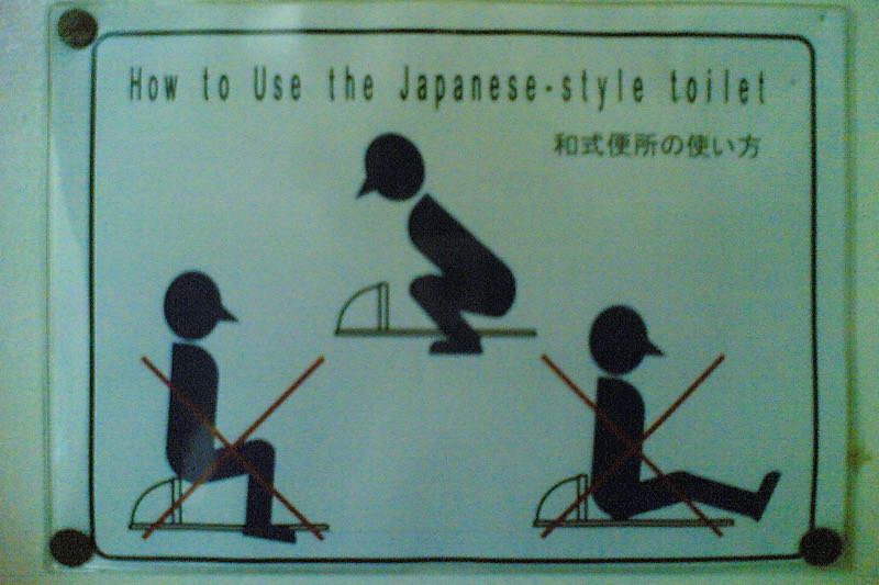 Sign titled How to Use the Japanese-style toilet: a figure squatting facing the hood is correct; figures sitting on the toilet are crossed out
